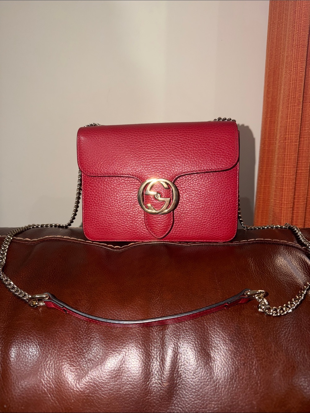 ‼️Authentic Like New Gucci Interlocking GG Red Leather Shoulder Crossbody Bag